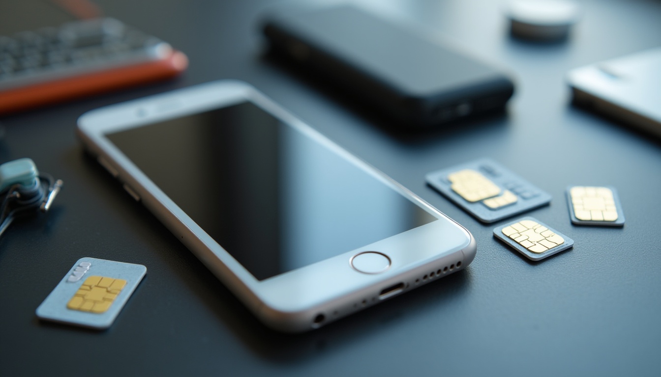 スマートフォンと複数の格安SIMカードが並べられたデスクの上の写真