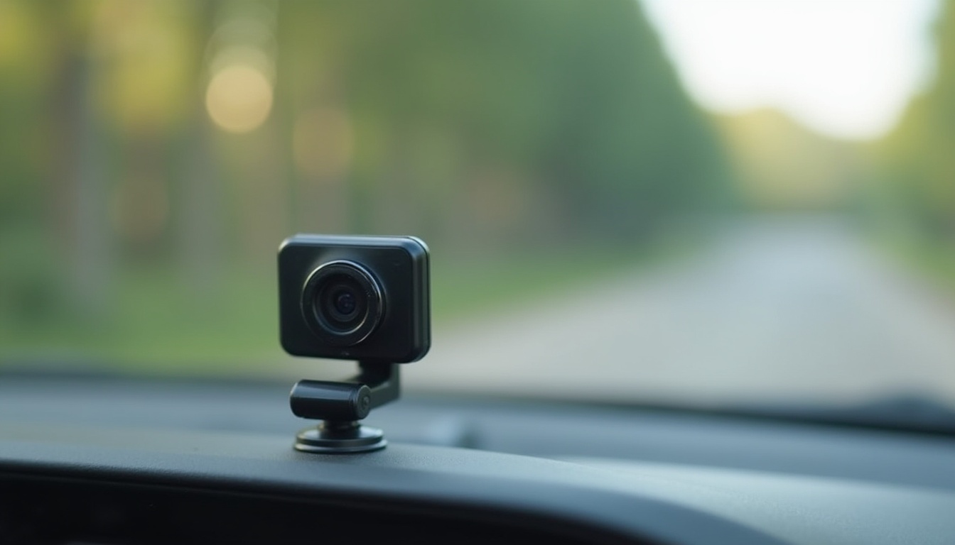 コンパクト型ドライブレコーダーの小型本体をフロントガラスに取り付けた様子
