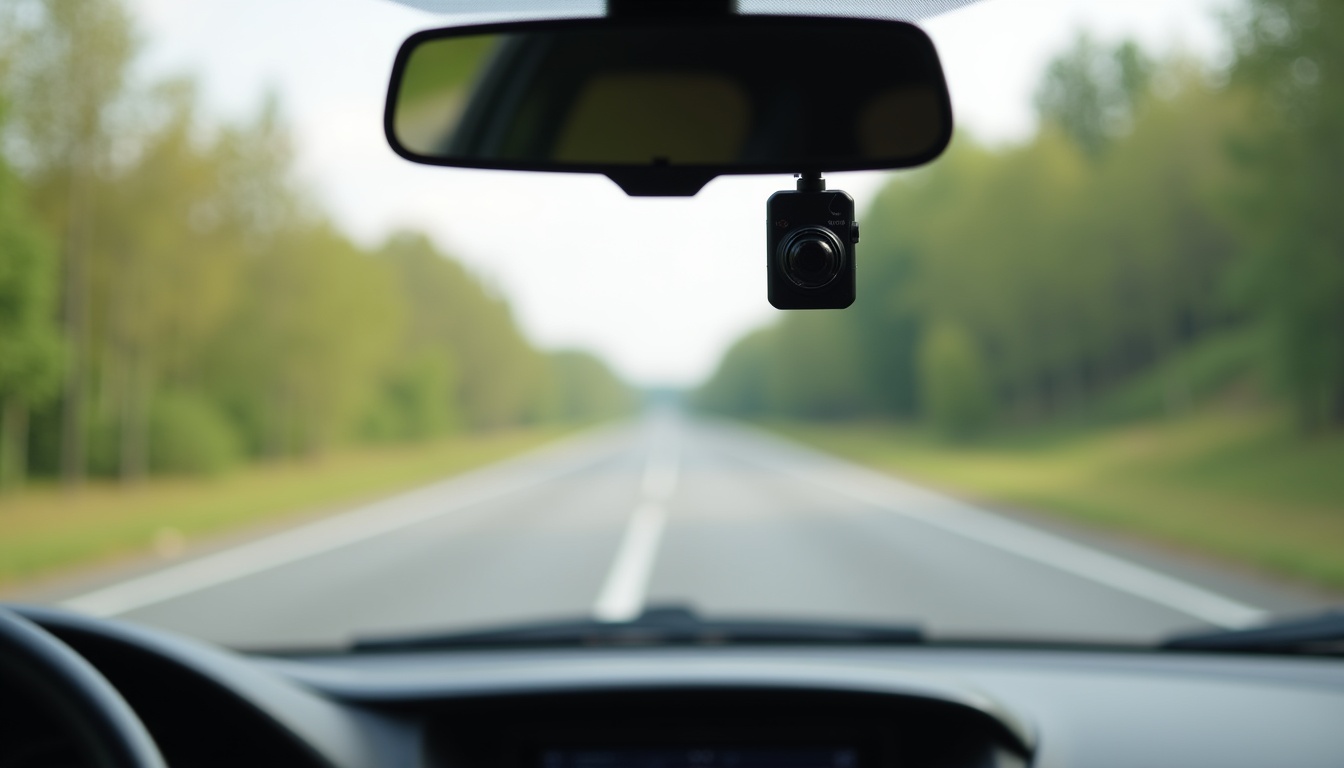 フロントガラスに取り付けられたドライブレコーダーが前方の道路を録画している様子