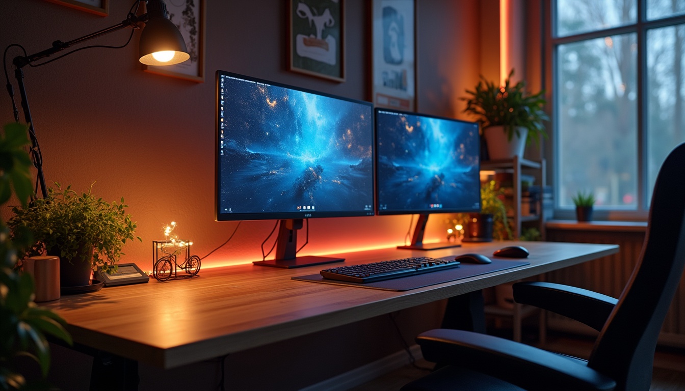 予算20万円超で構築した本格的なデスク環境。ウォールナット天板、デュアルモニター、間接照明を備えた書斎