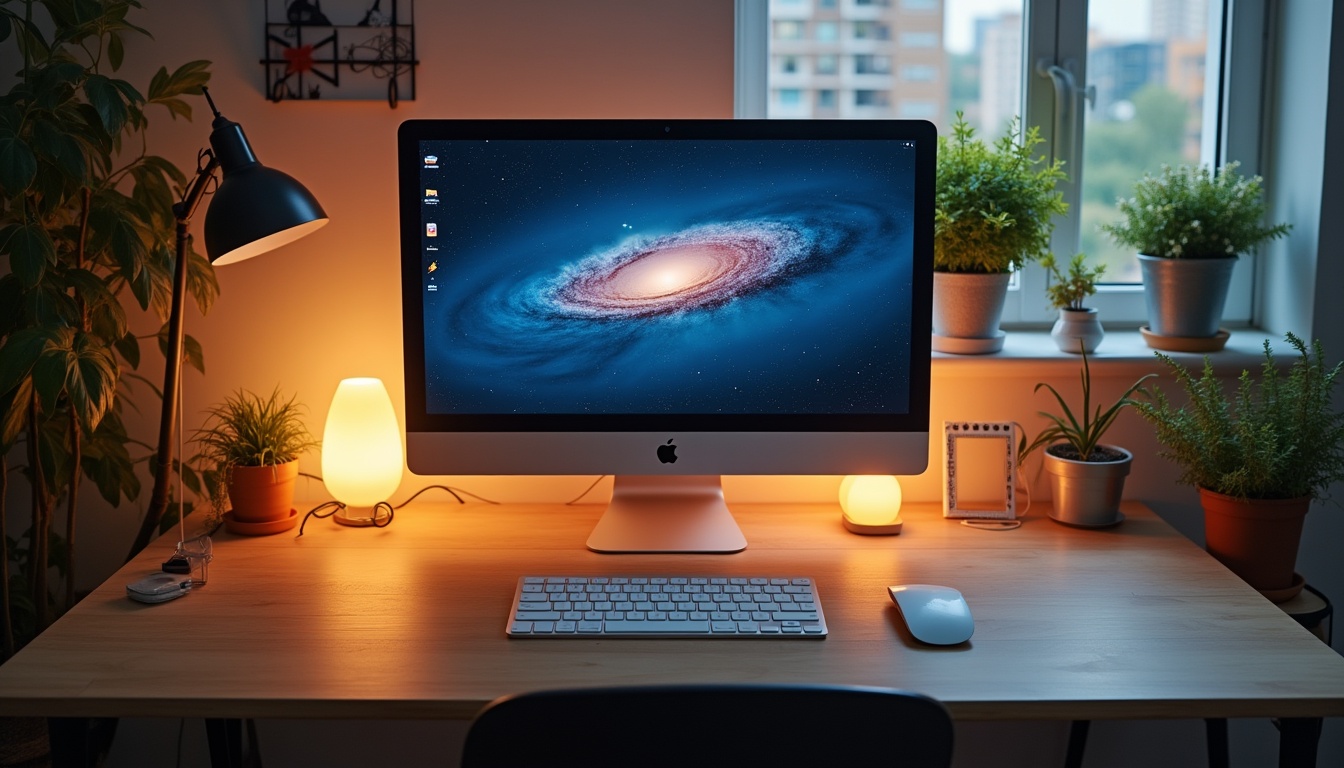 整理されたPCデスク環境の全景。モニター、キーボード、観葉植物が配置された書斎の俯瞰写真