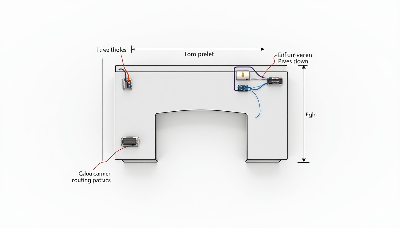 デスクレイアウトの電源配置を解説した俯瞰図。壁コンセント、電源タップ、ケーブルの配線ルートを図示