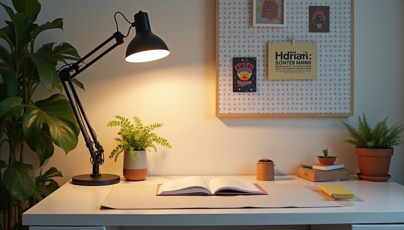 デスク環境の見た目を向上させるアイテムの配置例。観葉植物、間接照明、有孔ボード、デスクマット、アートポスター