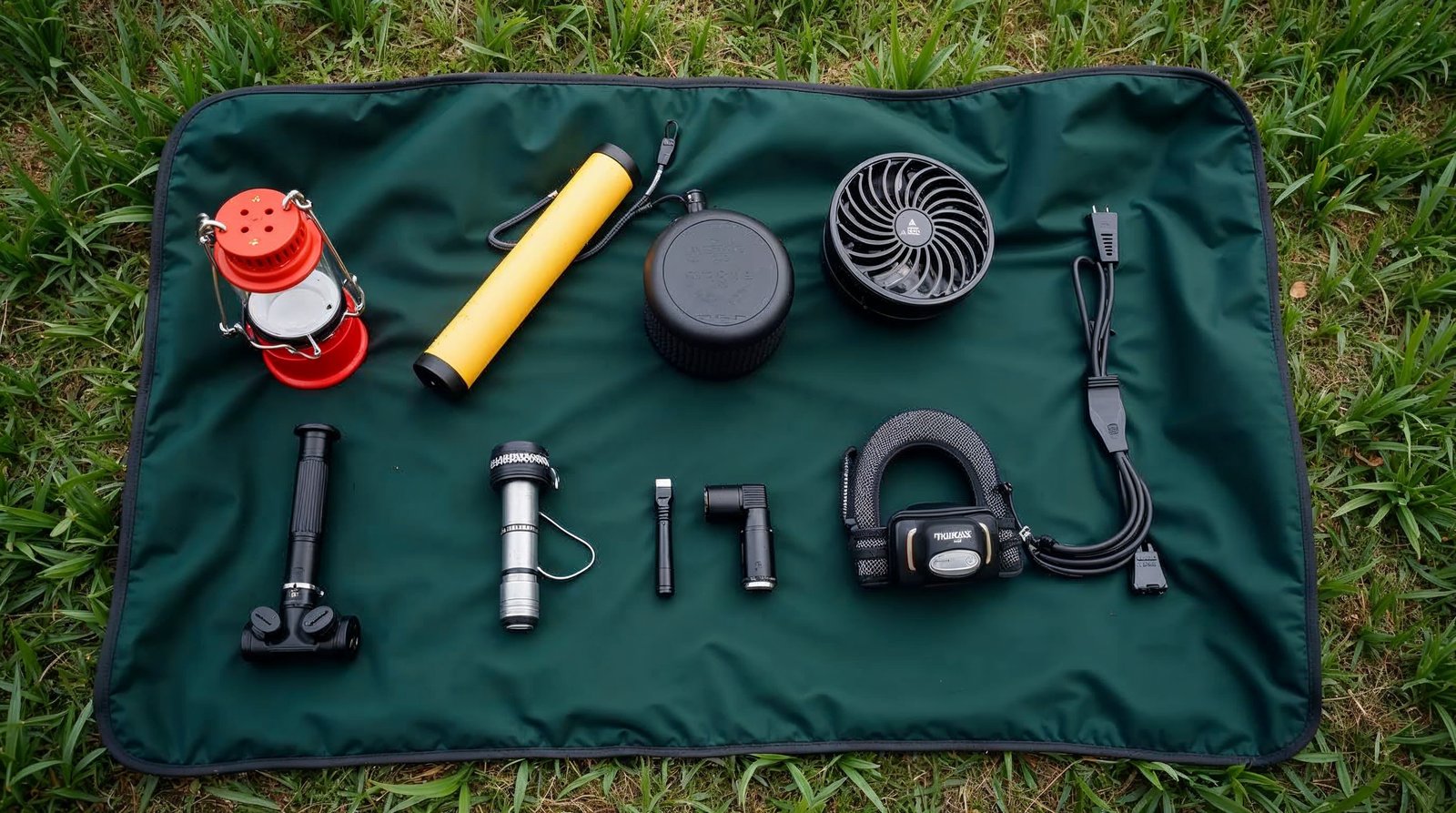 テーブルの上に7つのキャンプガジェットを並べて比較している写真