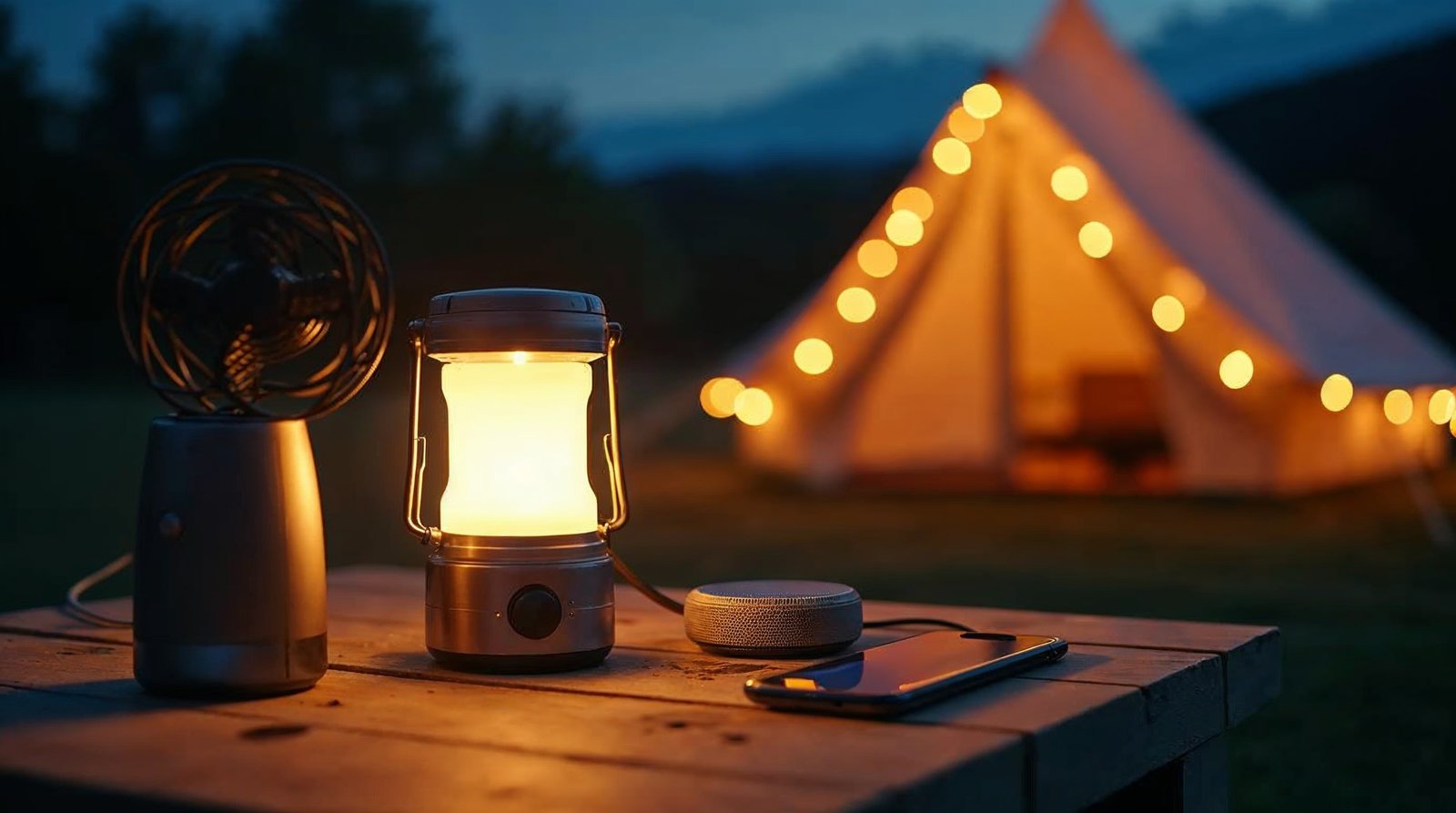 キャンプサイトに並べられたガジェットたち。LEDランタン、Bluetoothスピーカー、ヘッドランプなどが夕暮れのテント前に置かれている
