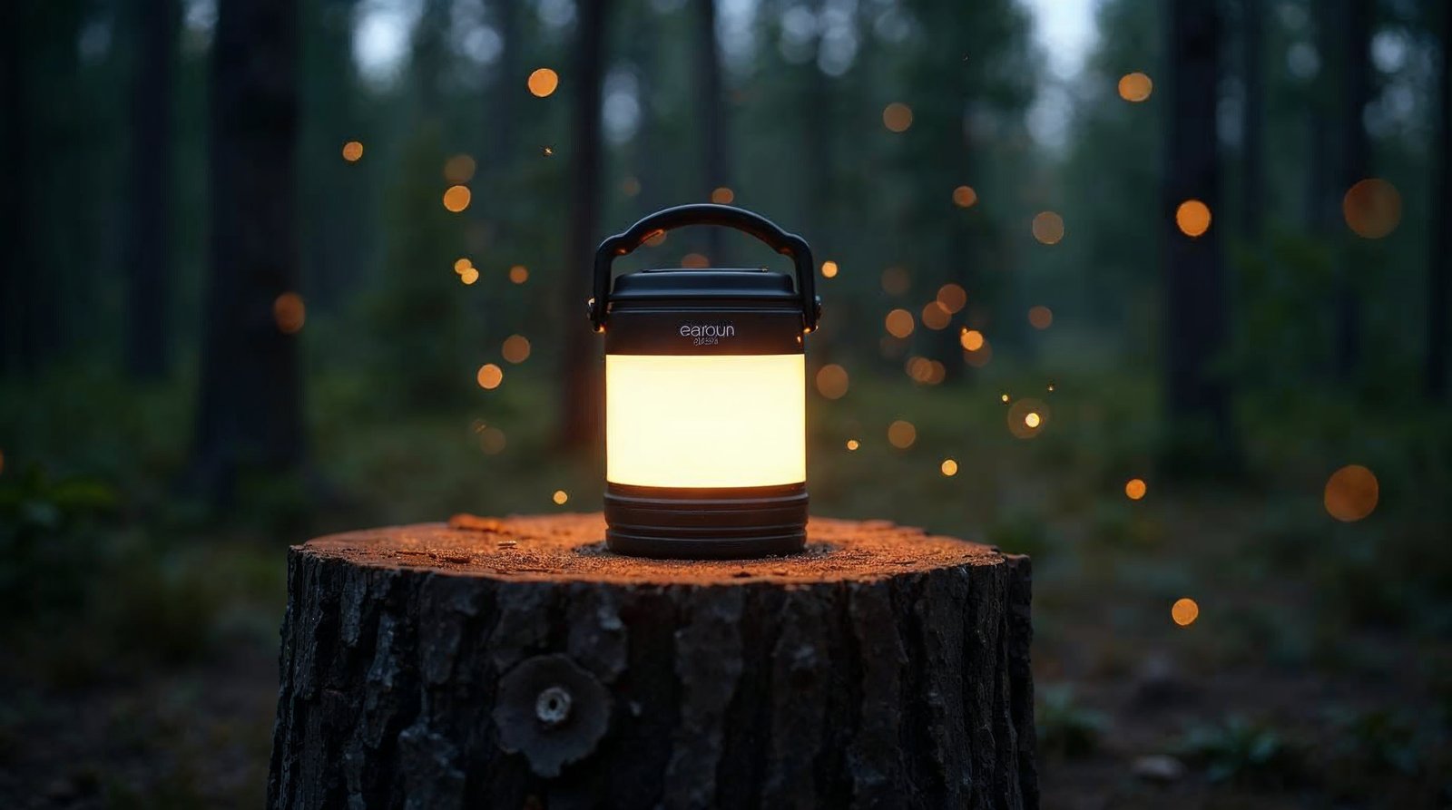 LUMENA M3 LEDランタンをテーブルに置いて点灯させた様子。暖色の光がテントサイト全体を照らしている