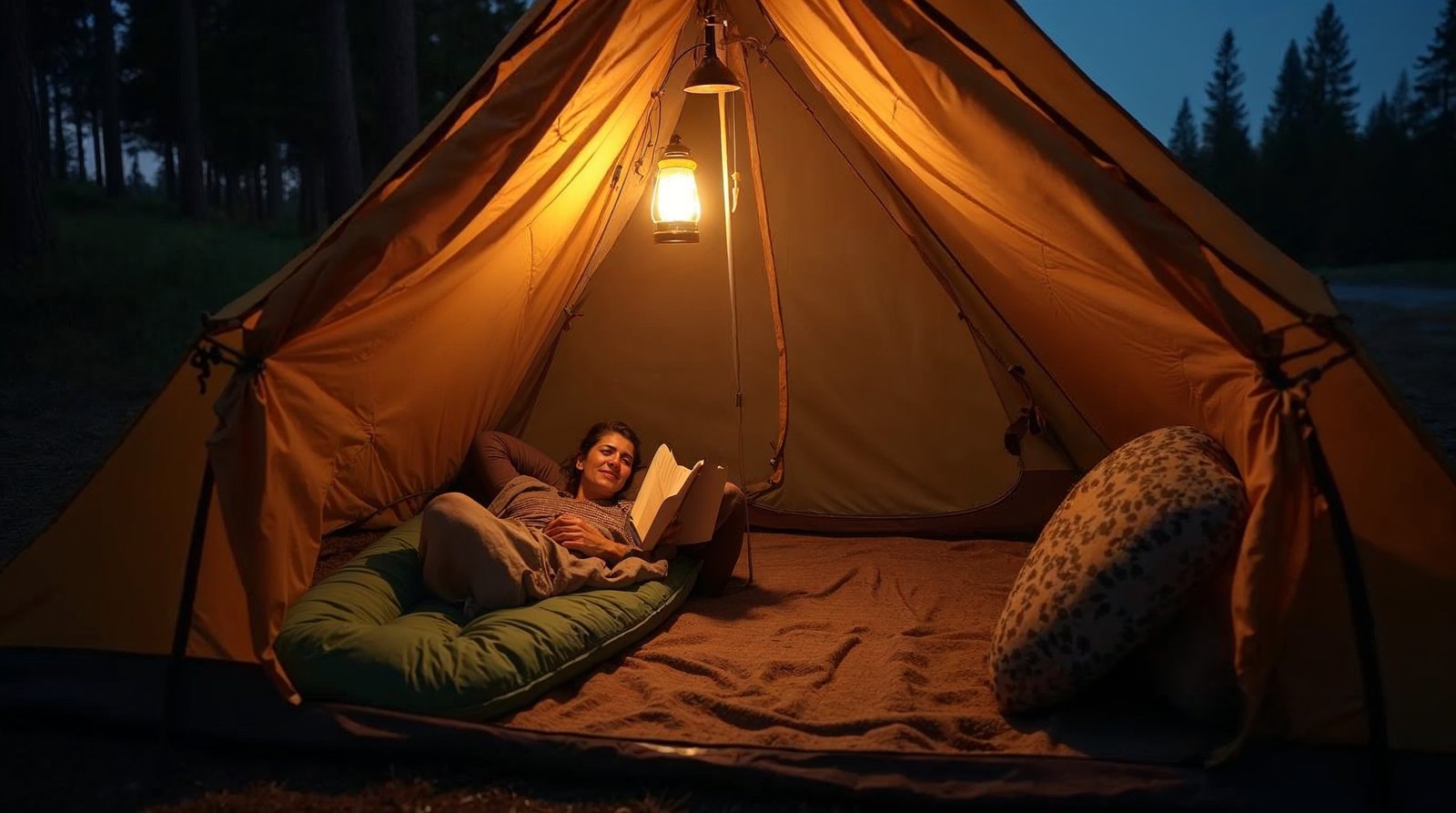 Goal Zero Lighthouse Micro Flashを吊るしたテント内の夜の雰囲気。暖かい光がテント内を柔らかく照らしている