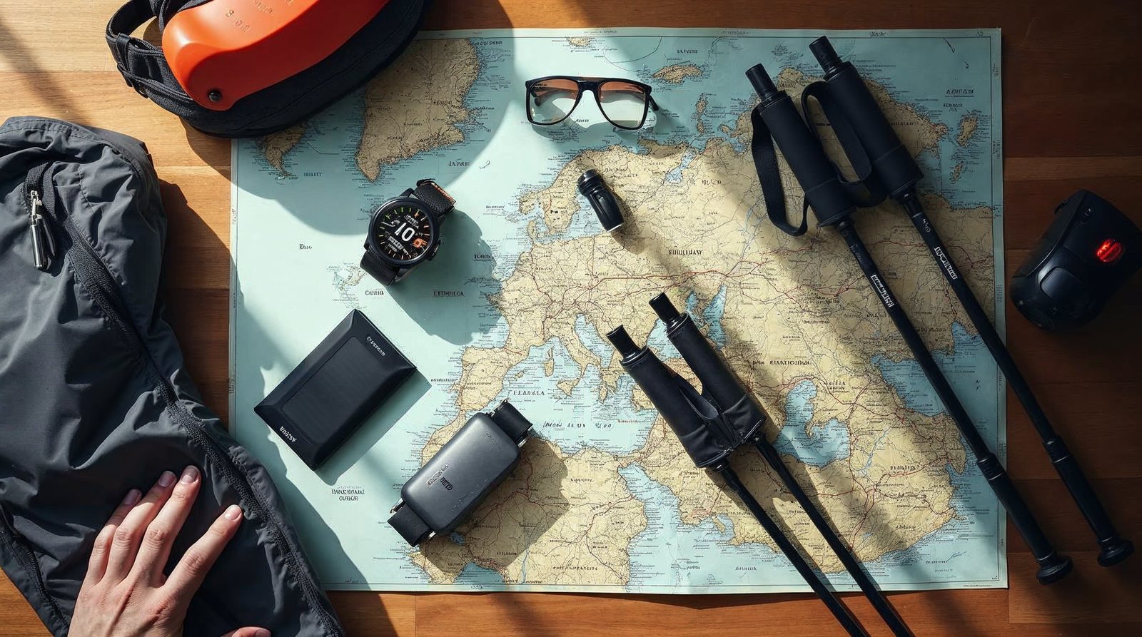 登山ギアのフラットレイ。トレッキングポール、ハイドレーションパック、ヘッドランプ、GPSウォッチなどが整然と並んでいる写真