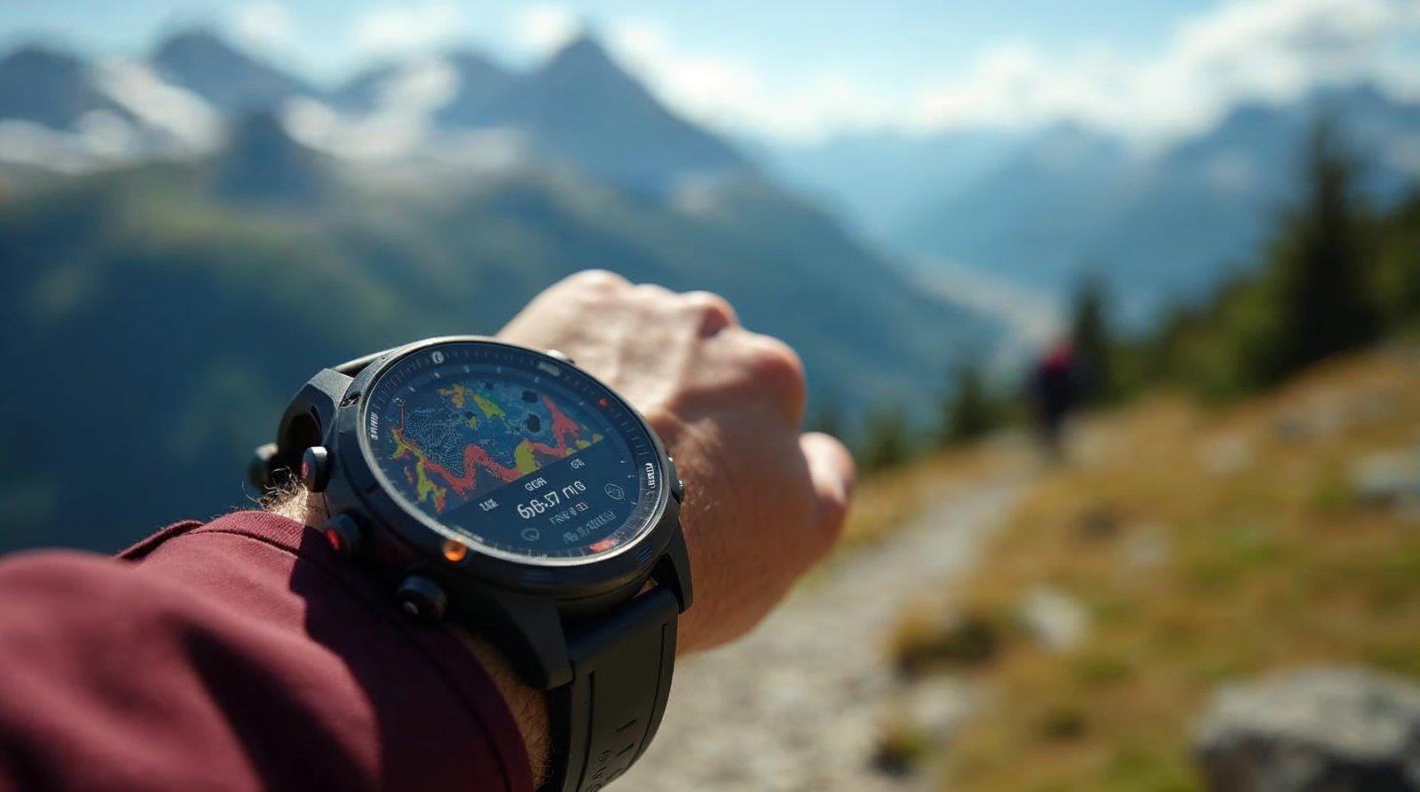 Garmin Instinct 2X Dual Powerを手首に装着し、登山道で高度情報を表示している写真