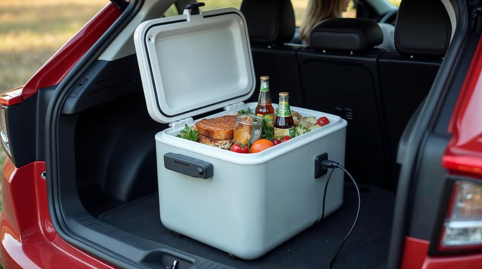 SUVのラゲッジスペースに置かれたF40C4TMPの車載冷蔵庫。蓋を開けるとペットボトルや食材が整然と収納されている