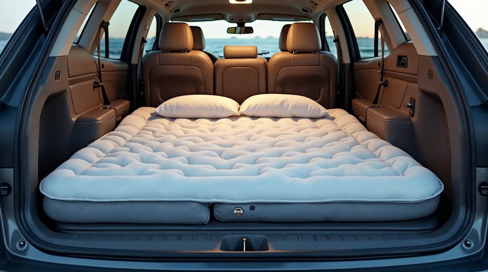 SUVの荷室にFIELDOOR自動膨張式マットが敷かれている様子。厚みがあり、シートの段差を吸収しているのがわかる