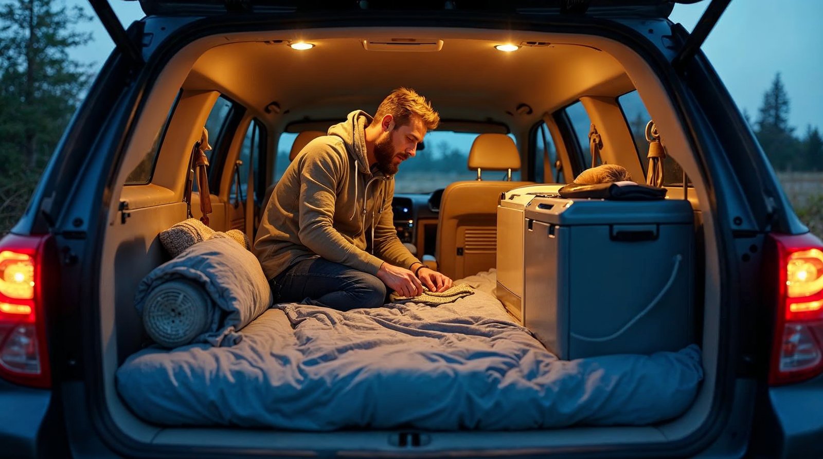 車中泊の完成形。マットレスの上に寝袋が敷かれ、サイドにはポータブル電源と小型冷蔵庫が置かれた快適空間