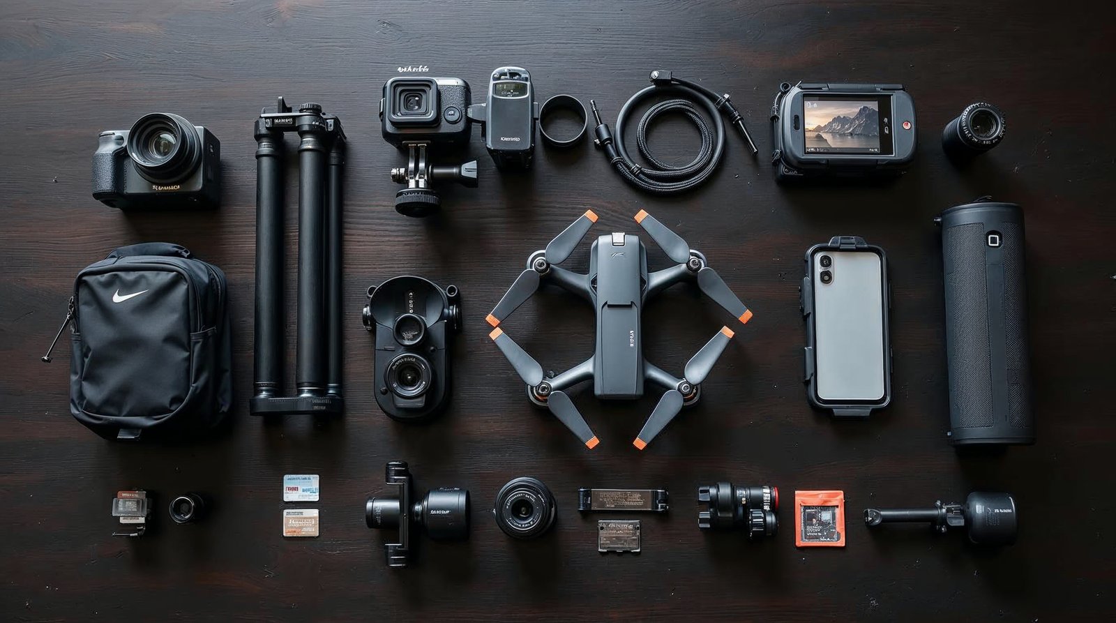アウトドア撮影ギアのフラットレイ。アクションカメラ、ドローン、三脚、カメラクリップ、防水ケースなどが整然と並んでいる