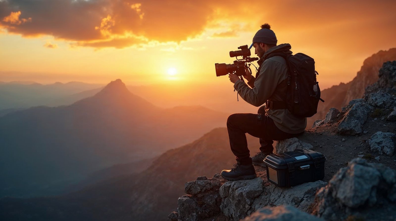 崖の上に立つフォトグラファーが壮大な山岳風景をカメラで撮影している。バックパックにはアクションカメラやドローンが取り付けられている