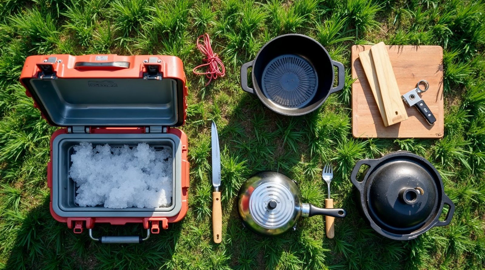 ダッチオーブンやクッカーなどアウトドア調理器具のフラットレイ写真