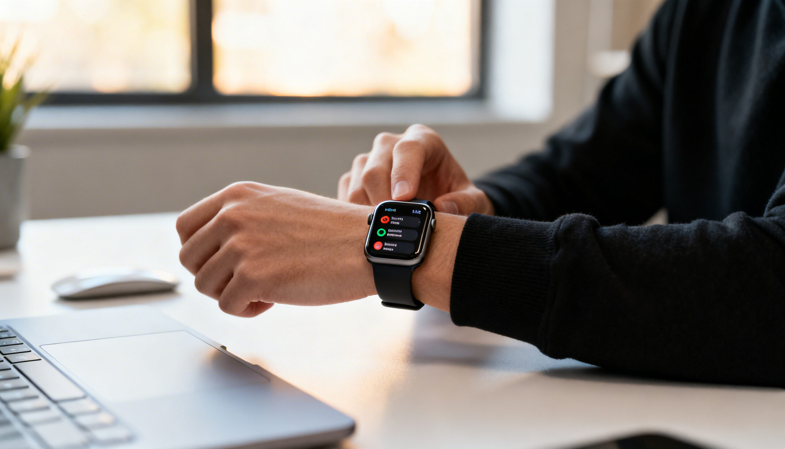 Apple Watchを装着した腕と日常のワンシーン - 仕事・健康・生活のすべてをサポートするイメージ