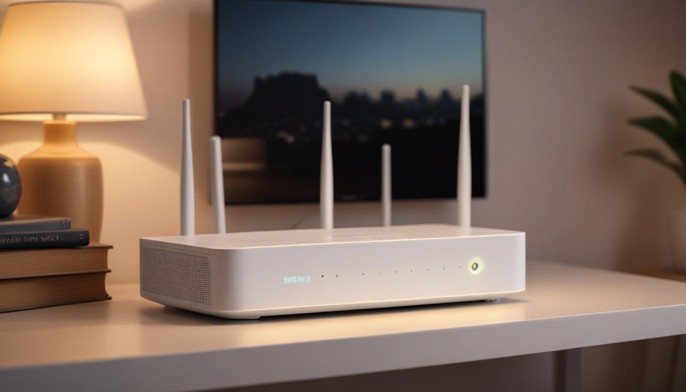 リビングに設置されたメッシュWi-Fiルーター - 白いスタイリッシュなデザインのルーターが棚の上に置かれている