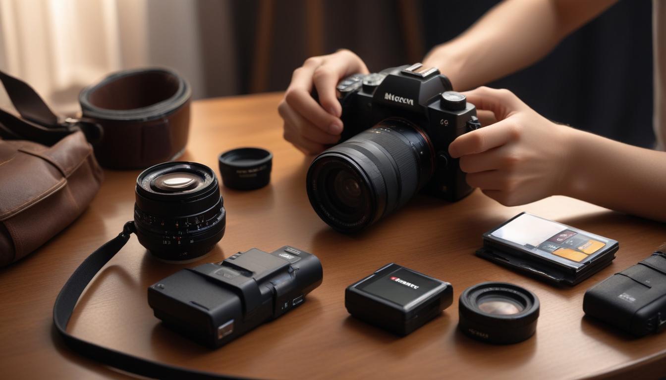 ミラーレス一眼カメラとレンズを手に持つ初心者カメラマン - テーブルの上にはカメラバッグとSDカード