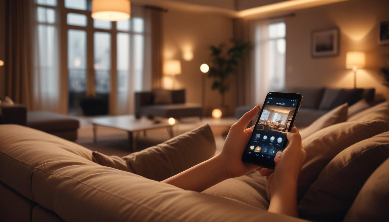 ソファに座りながらスマートフォンでスマートホームを操作している様子 - 背景にはくつろいだリビングの雰囲気