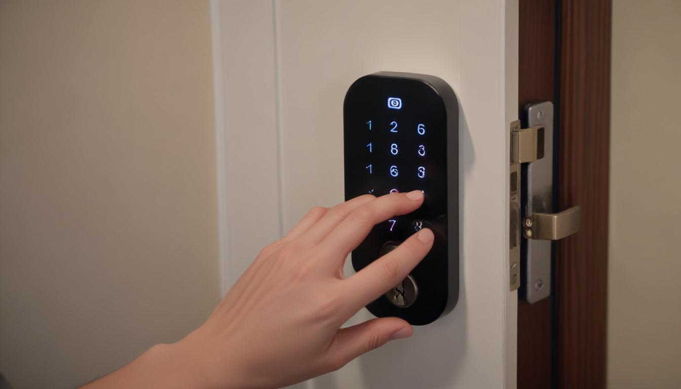 SwitchBotロックをドアのサムターンに取り付けている作業の様子 - 両面テープで固定する手元のアップ