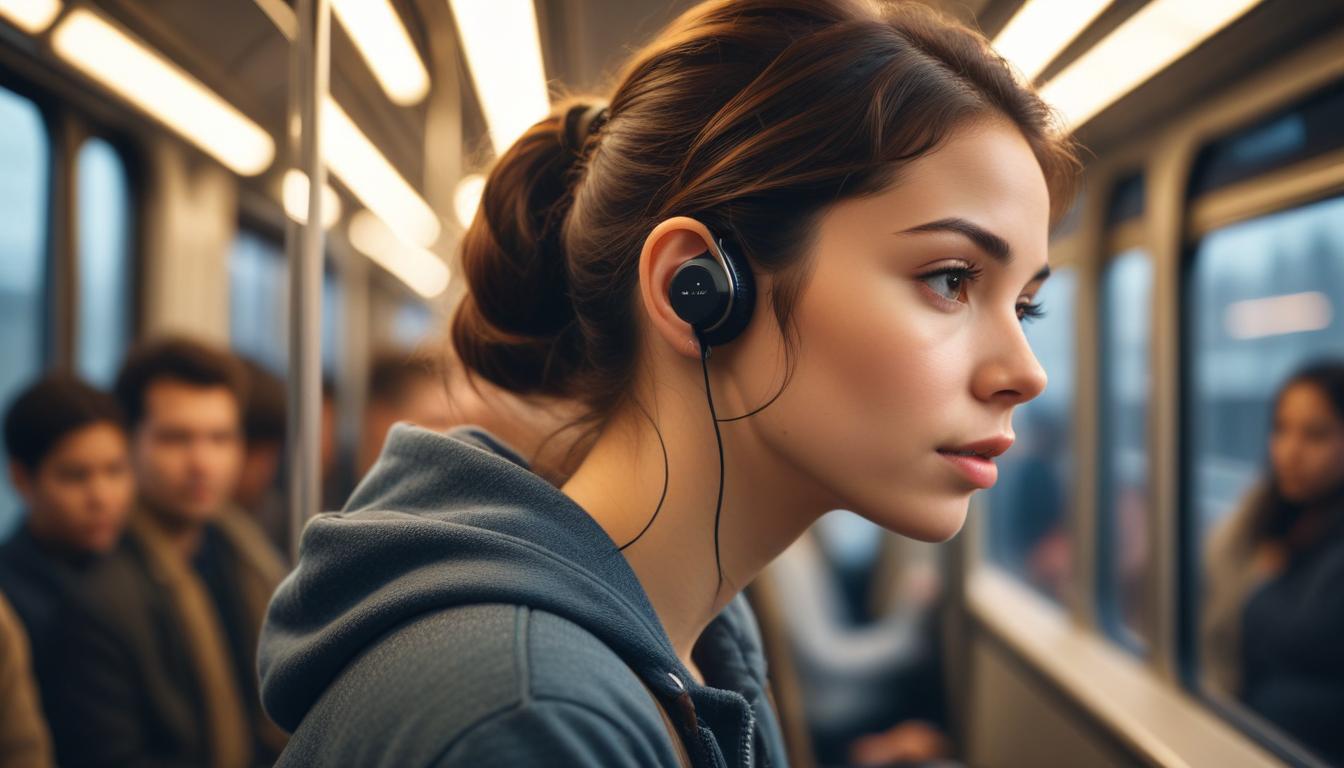 通勤電車の中でワイヤレスイヤホンを装着して音楽を聴いている様子のイメージ
