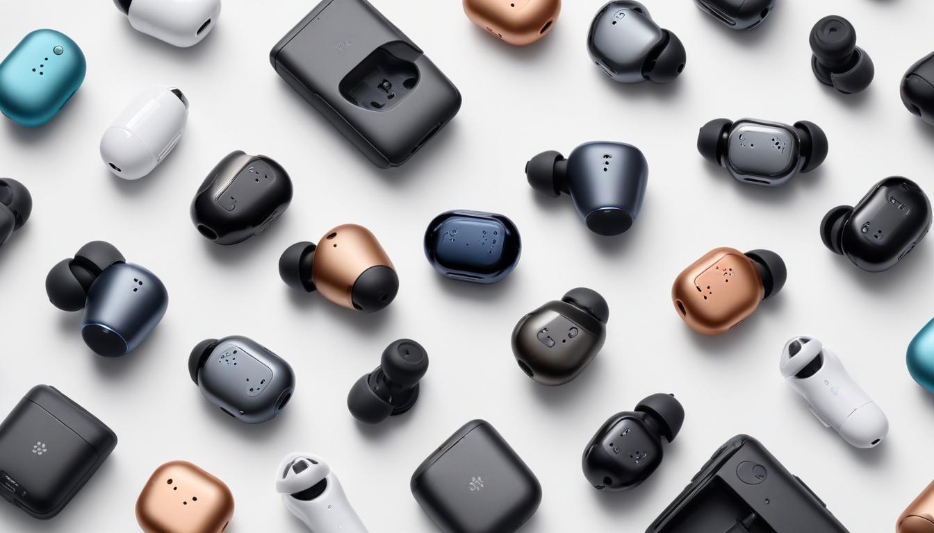 10機種のワイヤレスイヤホンをケースから出して並べた俯瞰写真