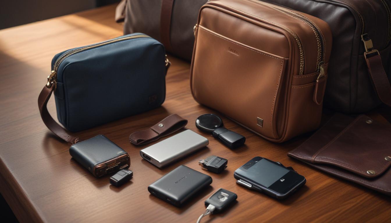 通勤カバンの中に入ったコンパクトなモバイルバッテリー - 財布やキーケースと一緒にポーチに収まっている