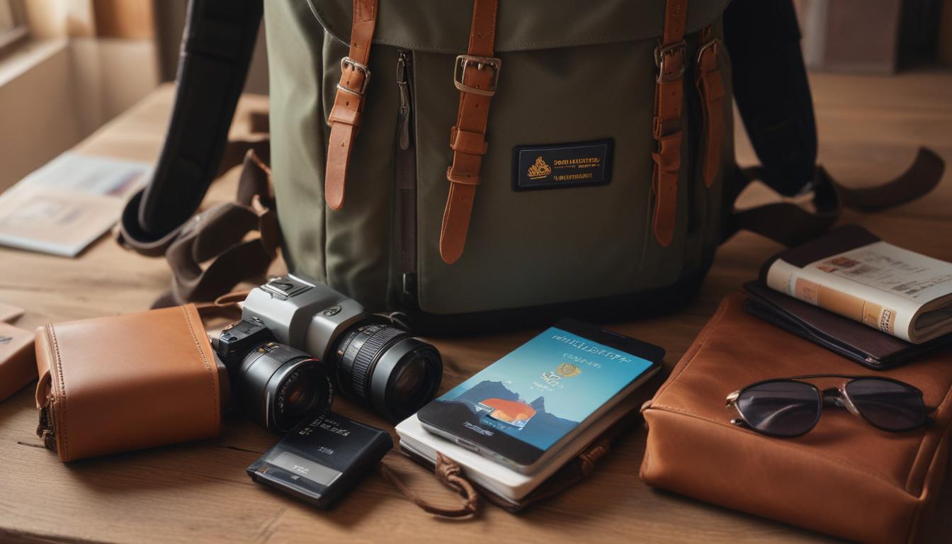 旅行用リュックのサイドポケットからのぞくモバイルバッテリー - パスポートやチケットが見える旅行シーン