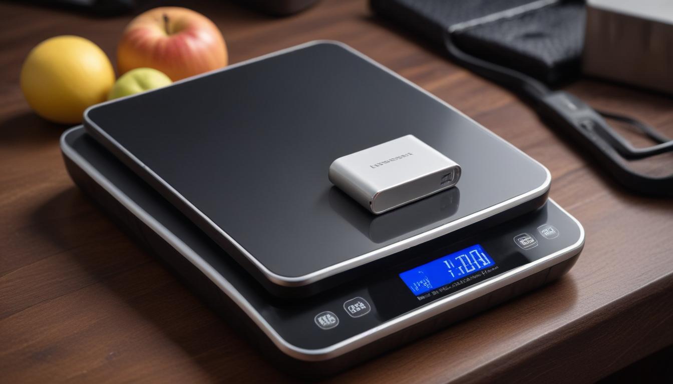 キッチンスケールの上に置かれたコンパクトなモバイルバッテリー - 表示は180gを示している