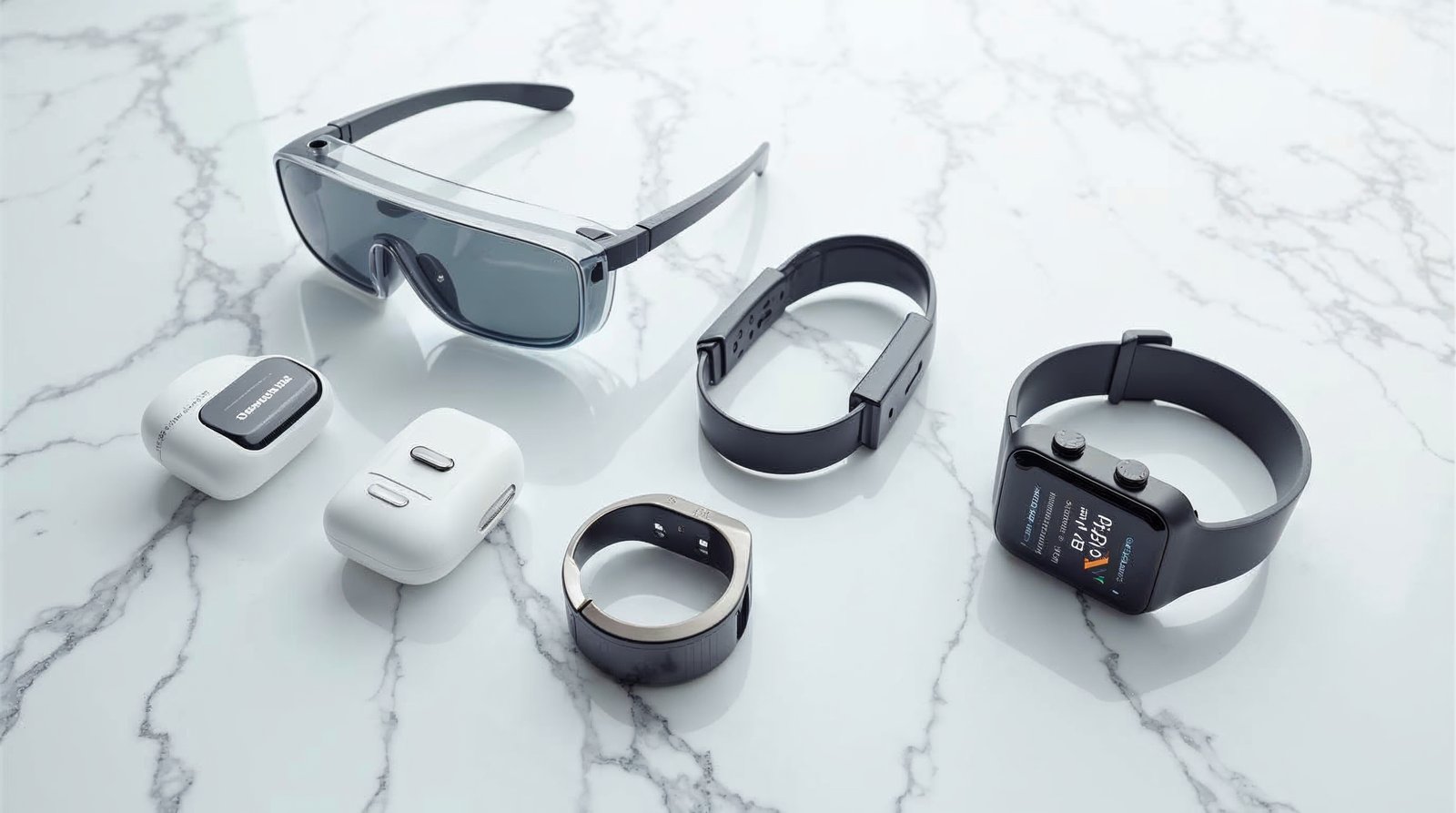 AIウェアラブルデバイス5機種の一覧 - Apple メガネ型デバイス、Motorola Project Maxwell、Razer Project Motoko、Mode Wearablesスマートジャケット、Plaud AIメモの外観