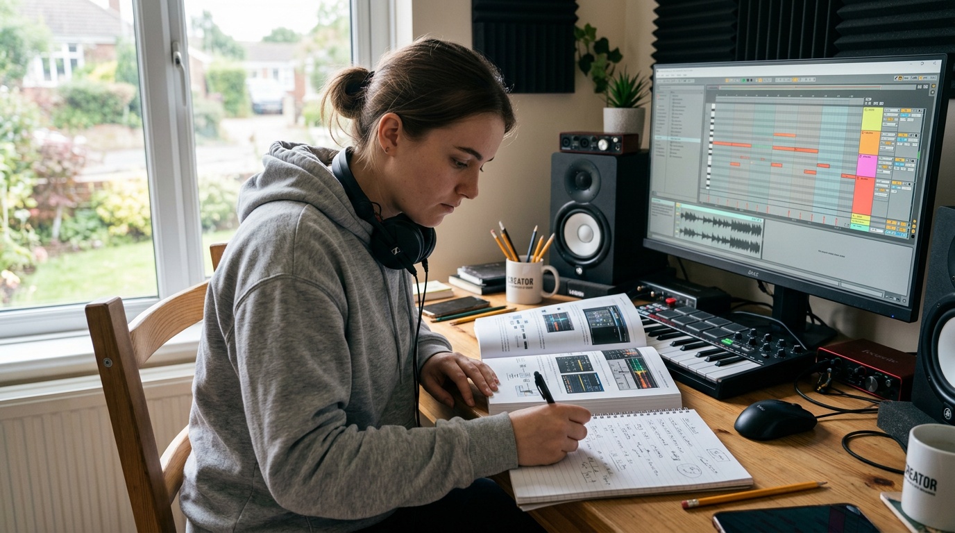 DTM初心者がDAW入門書を見ながらパソコンでDAWソフトを操作して学習している様子