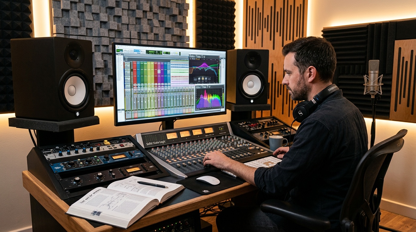 ミキシングエンジニアがDAWのEQとコンプレッサーを使ってミックス作業をしているスタジオ環境
