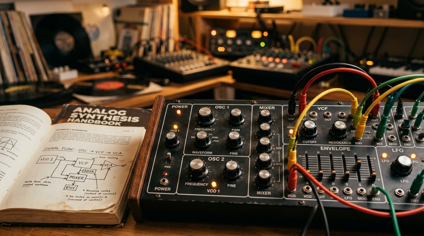 アナログシンセサイザーのノブとフィルターパネルのクローズアップとシンセ解説書