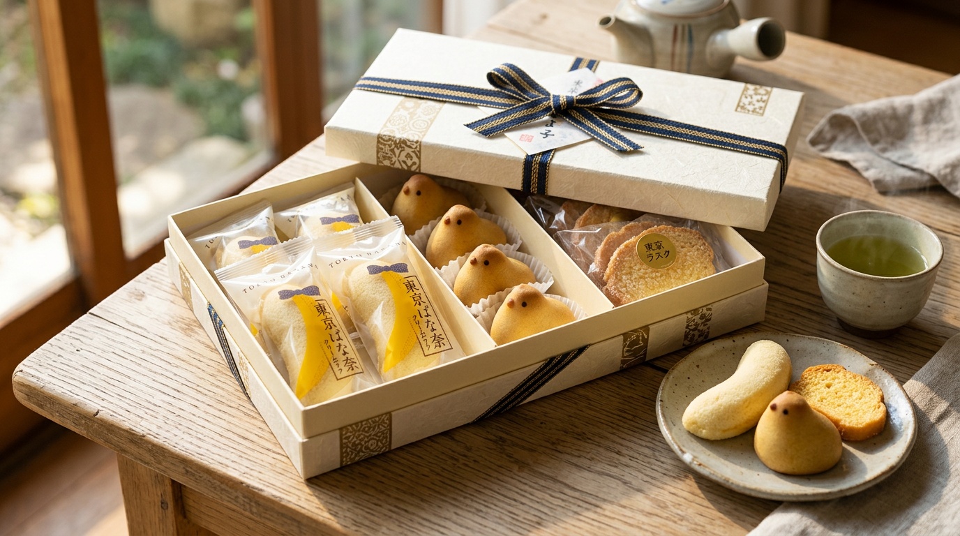東京定番土産の詰め合わせギフトボックス。個包装の焼き菓子や和菓子がリボン付きの高級感ある箱に整然と並んでいる