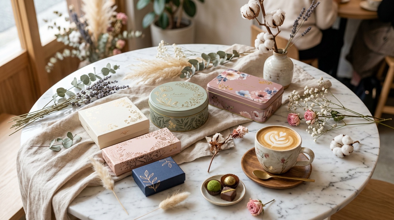 おしゃれなアート缶クッキーやデザインチョコレートボックスをカフェ風に演出した画像。渋谷・表参道発のトレンド系東京土産をスタイリッシュに配置