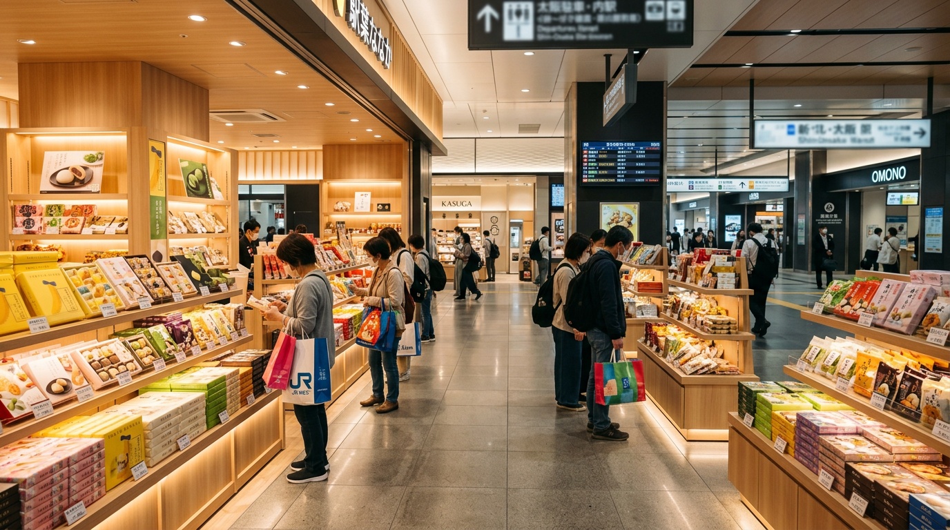 東京駅構内のお土産売り場の広角写真。明るく整然とした店内に和菓子や銘菓が並び、買い物客が商品を選んでいる様子