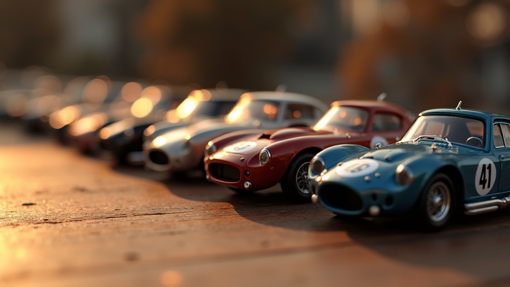 テーブルに並んだ精巧なスロットカーモデルのクローズアップ