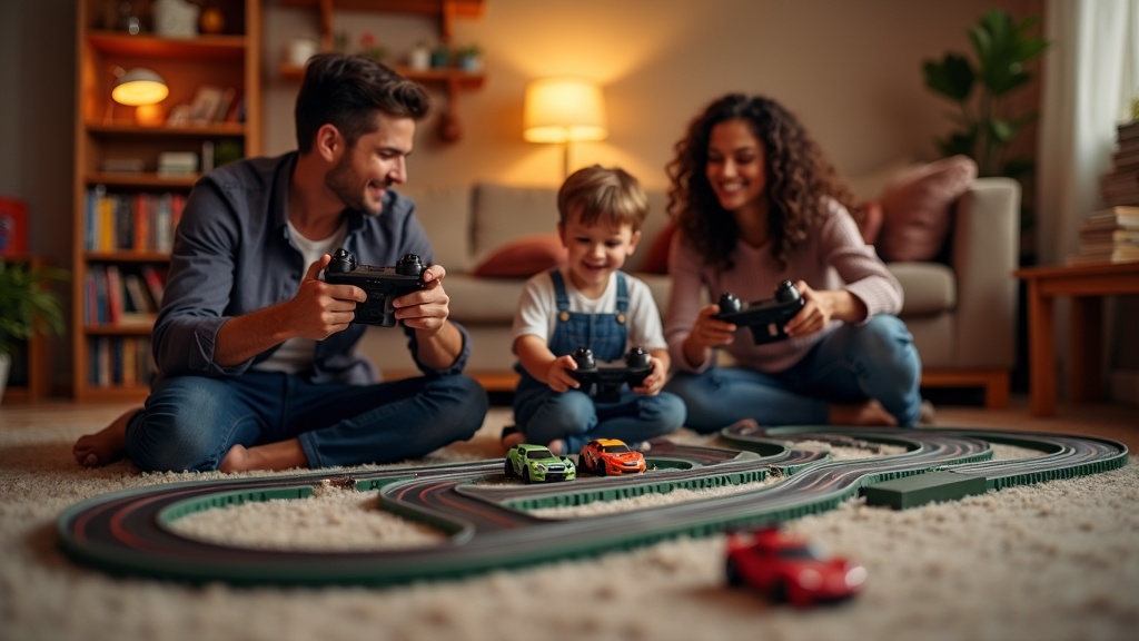 リビングでスロットカー入門セットを楽しむ親子の様子