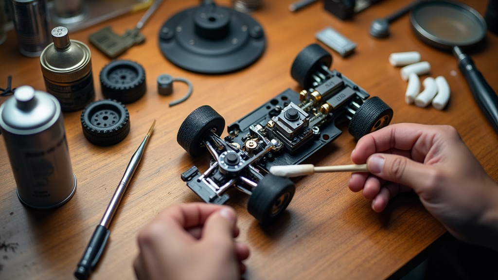 スロットカーのメンテナンス道具と分解されたシャーシの作業台写真