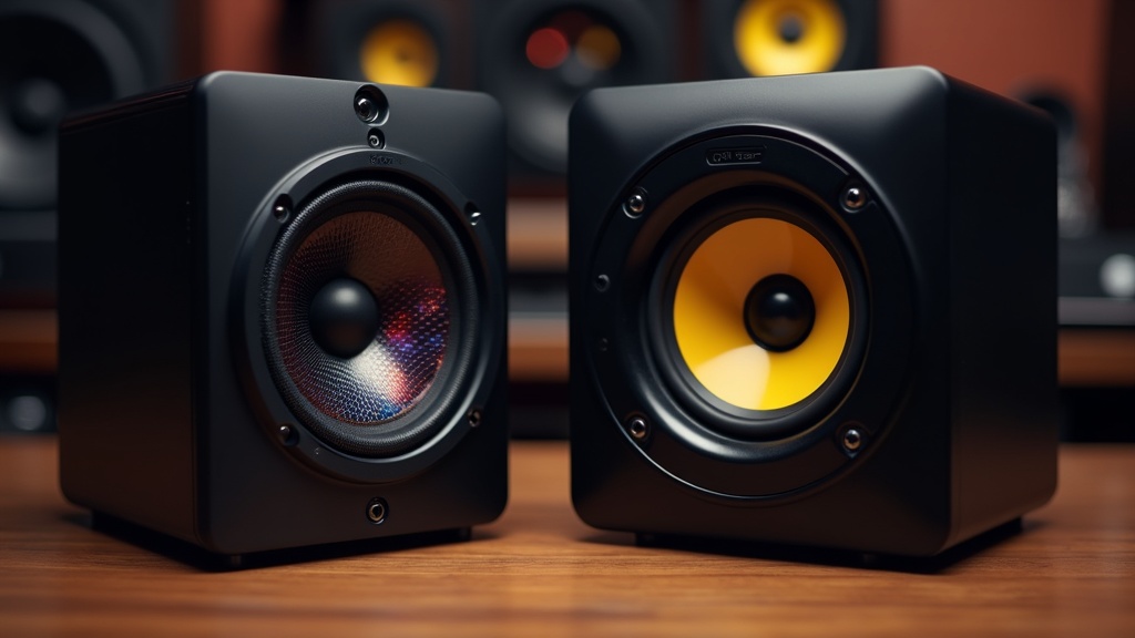 リスニング用スピーカーとDTM用モニタースピーカーを並べた比較イメージ