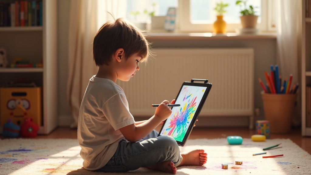 子どもがタブレットの創造的な学習アプリでお絵かきに集中している様子