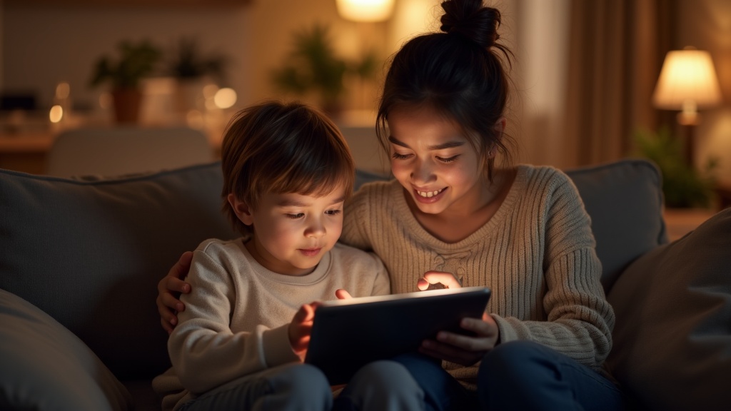 親子でタブレットの使用ルールについて話し合っている家庭のシーン