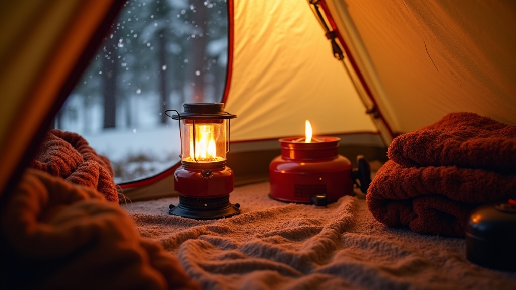 冬キャンプのテント内に置かれたポータブル石油ストーブと暖房ガジェット類