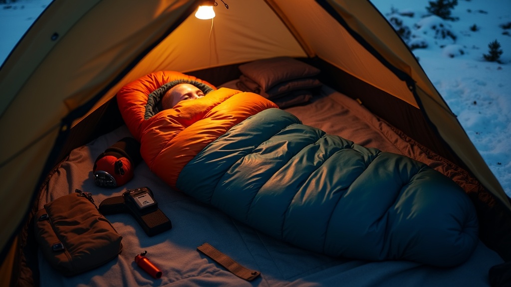 冬キャンプの就寝準備として高断熱シュラフと充電式湯たんぽを組み合わせた防寒装備
