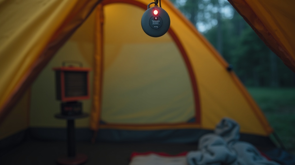 冬キャンプテント内の天井近くに設置された一酸化炭素警報器と換気口の安全対策