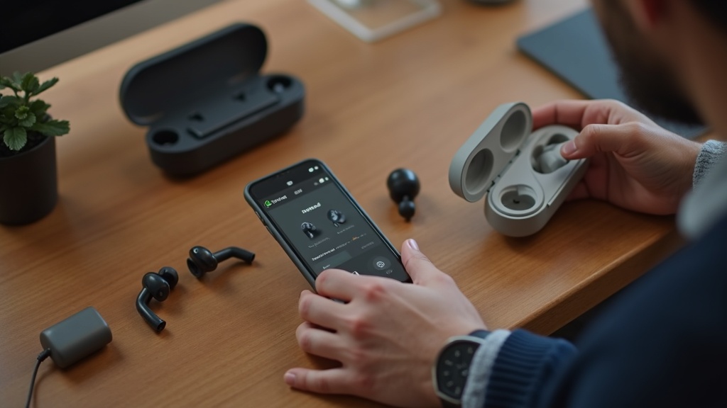 複数のオープンイヤーイヤホンをテーブルに並べてスペックを比較検討する男性の手元