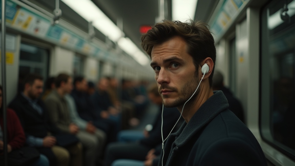 電車内でオープンイヤーイヤホンを使用する乗客。公共の場での音漏れに配慮した使い方を示すシーン
