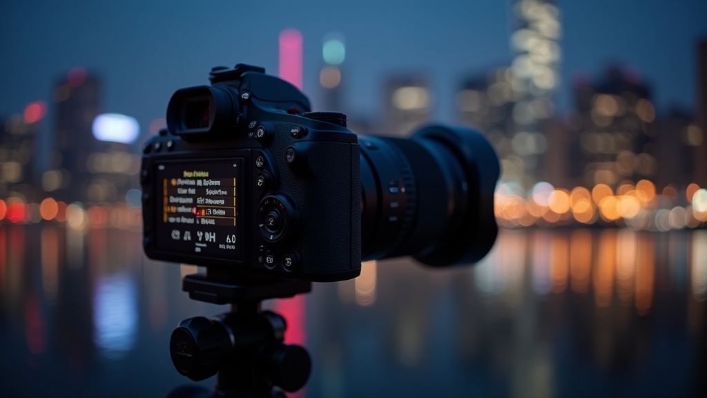 夜景を背景に三脚固定されたミラーレス一眼カメラと背面モニターの設定画面