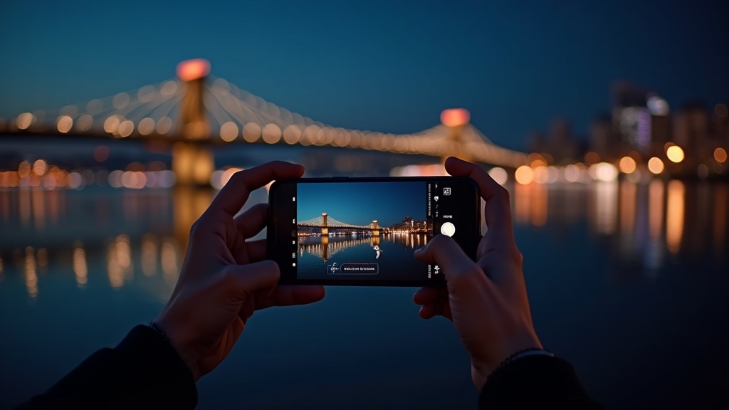 夜景スポットでナイトモード撮影中のスマートフォンを構える人物