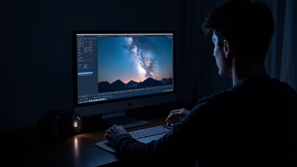 ノートパソコンで星空写真をRAW現像・ノイズリダクション編集する様子